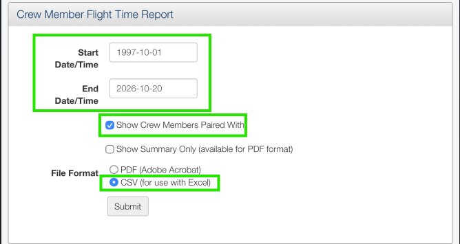 Crew Member Flight Time Report form with the dates, Show Crew Members Paired With, and CSV options highlighted